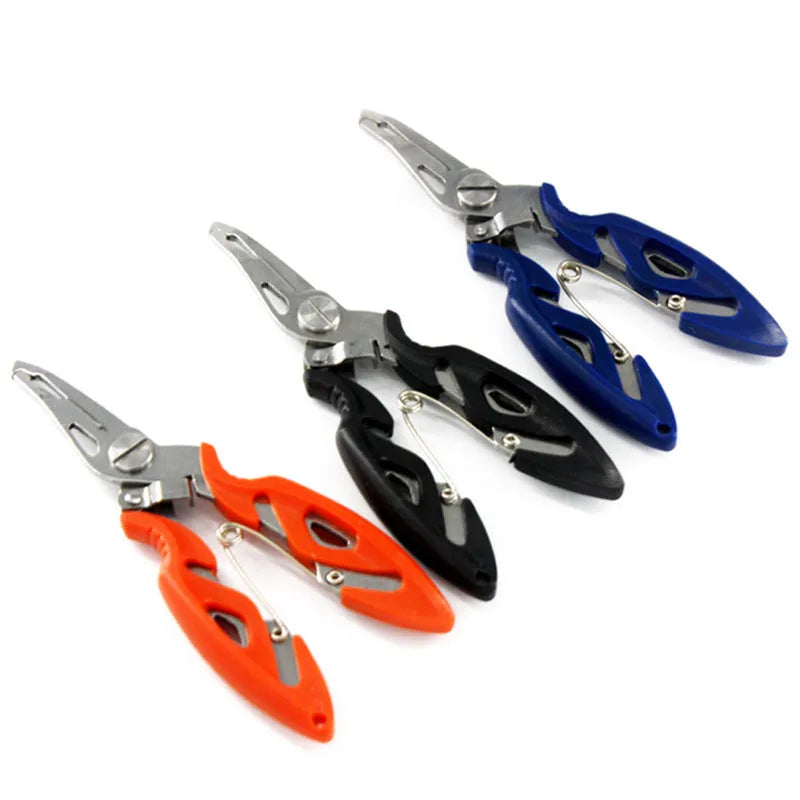 Stainless steel curved nose fishing pliers in blue with jaws open on a dark surface