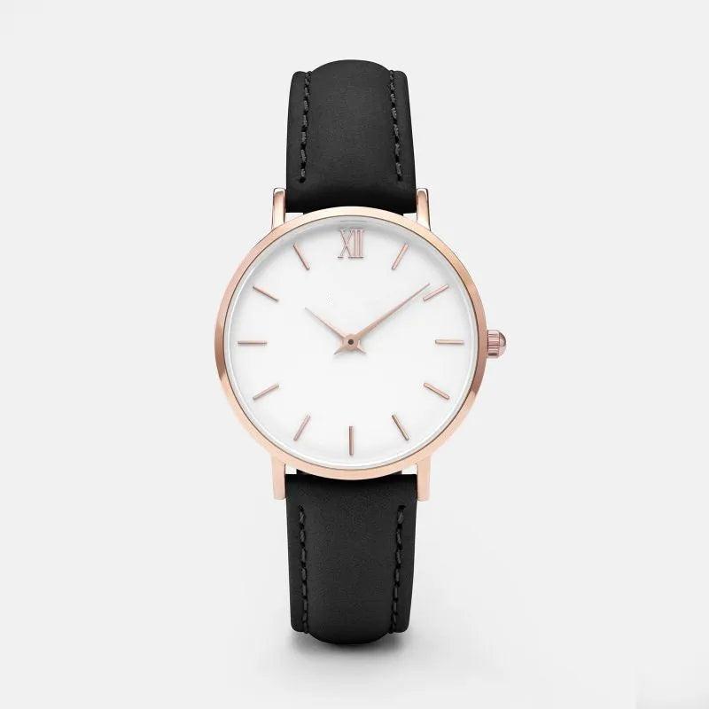 Square quartz watch with PU leather strap and alloy case in a selection of colours on a white background.