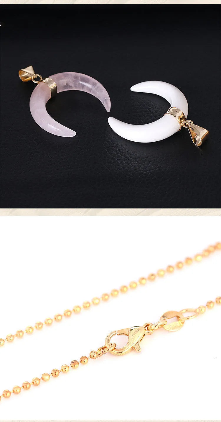 Natural stone moon pendant necklace with copper fittings on adjustable chain, pink and purple colour options