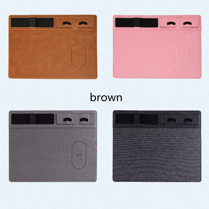 Wireless charging mouse pad with phone holder in black, brown, grey, or pink colours