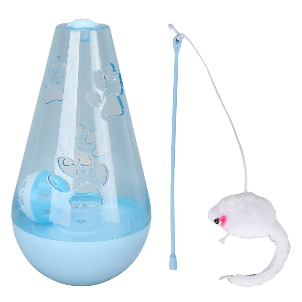 Blue and yellow cat toy with bell ball, slow feeder, and plush mouse stick for indoor cats