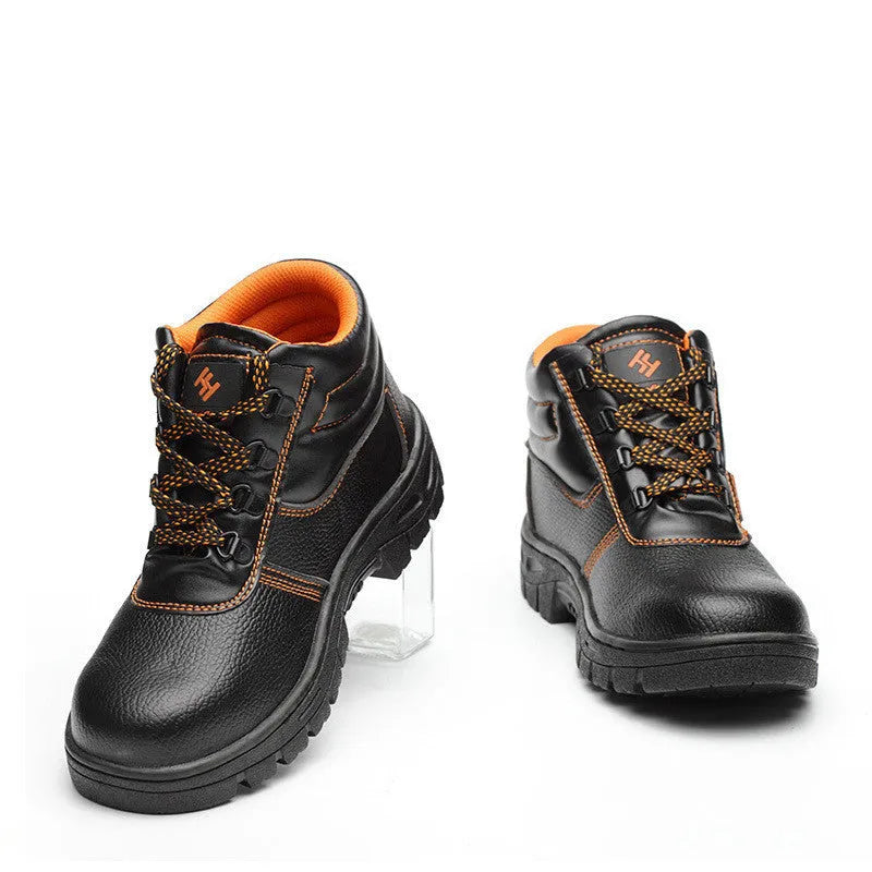 Black steel toe high-top work shoes with microfiber leather upper and rubber sole for heavy-duty safety