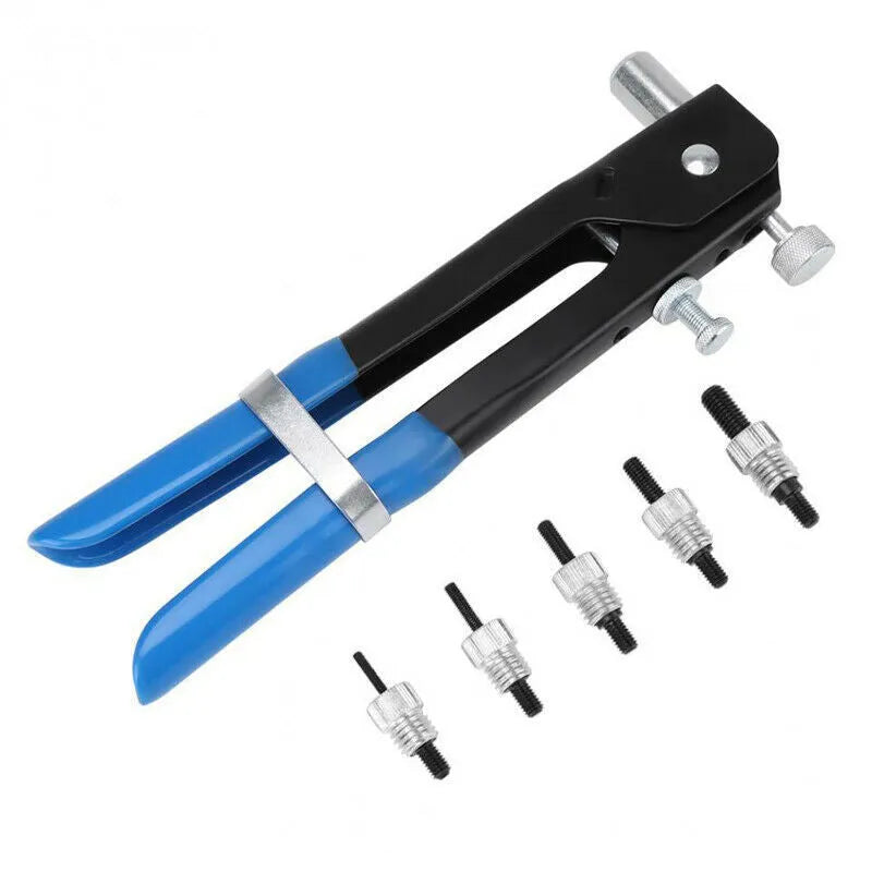 Alloy steel manual riveter tool and assortment of rivet nuts in a set case.