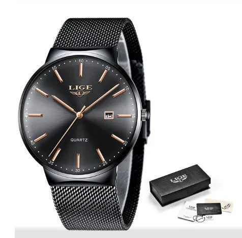 Men's stainless steel watch with 40mm dial in black, blue, and black blue colour options