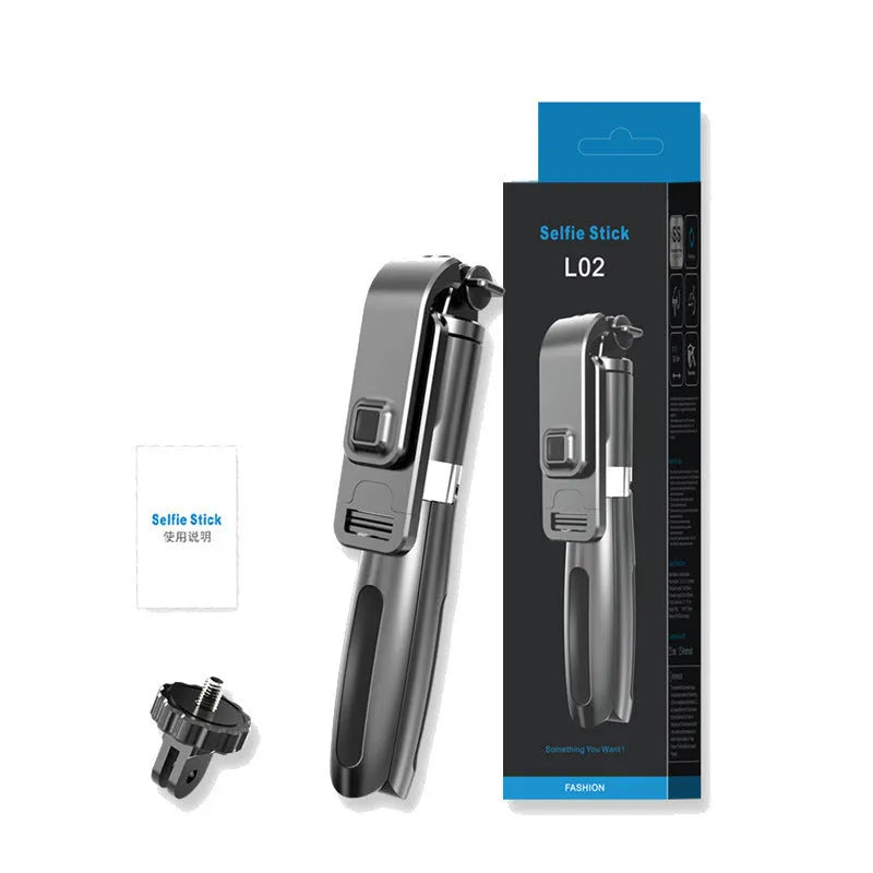 Bluetooth selfie stick with tripod base extended to mid-length with smartphone attached