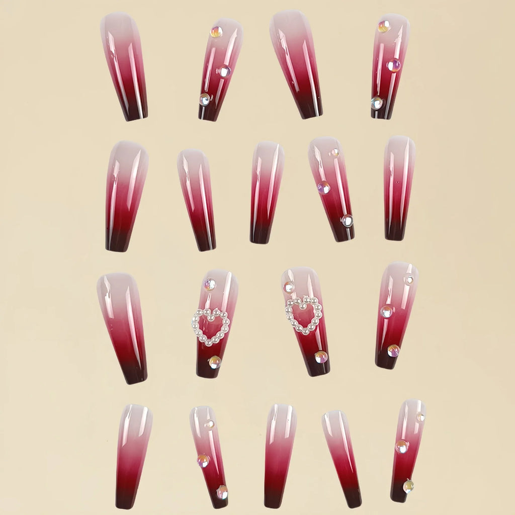 Wine red gradient false nail tips with plaid pattern in long ballet style with jelly glue