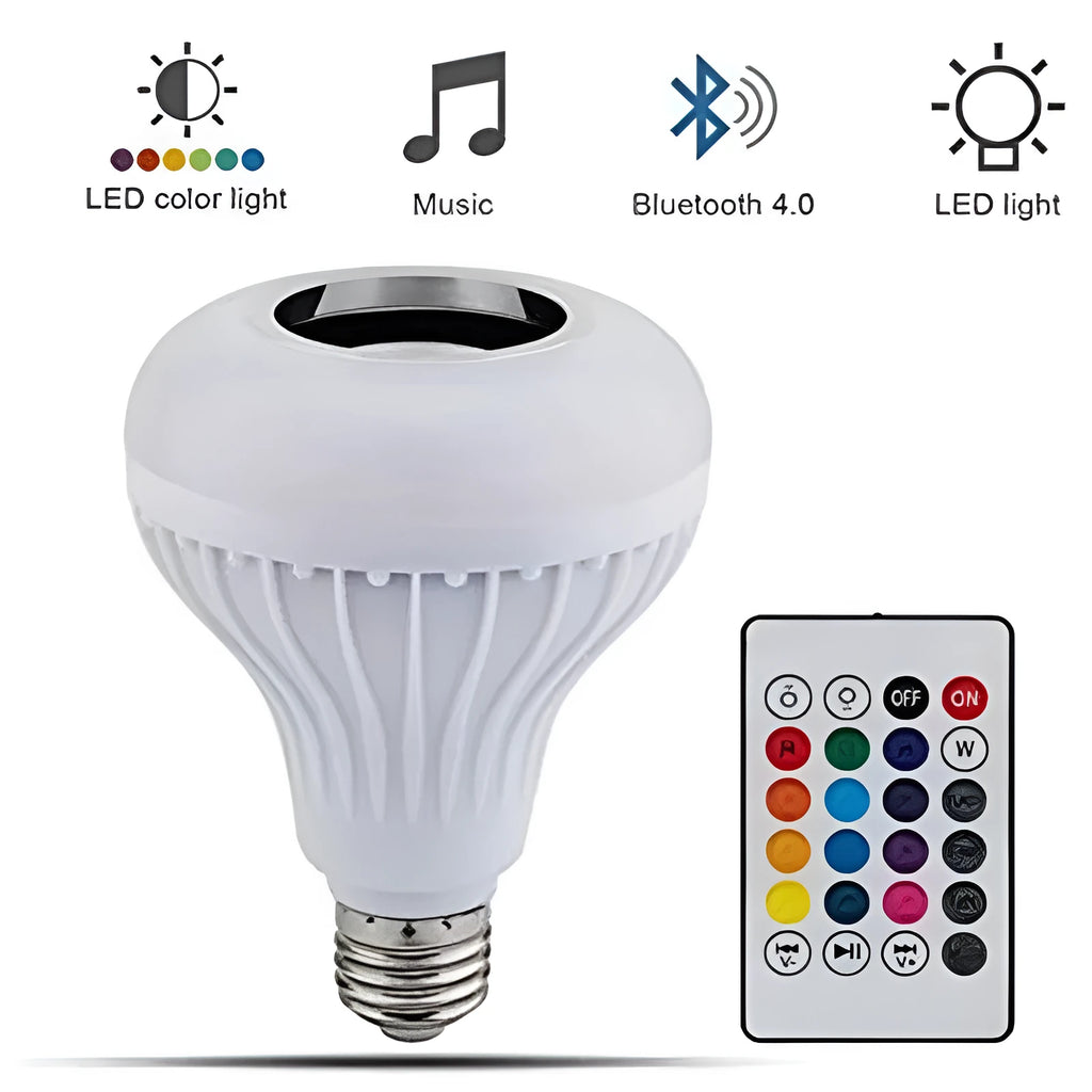 White E27 Bluetooth LED bulb with integrated speaker and remote control for 16-colour RGB lighting