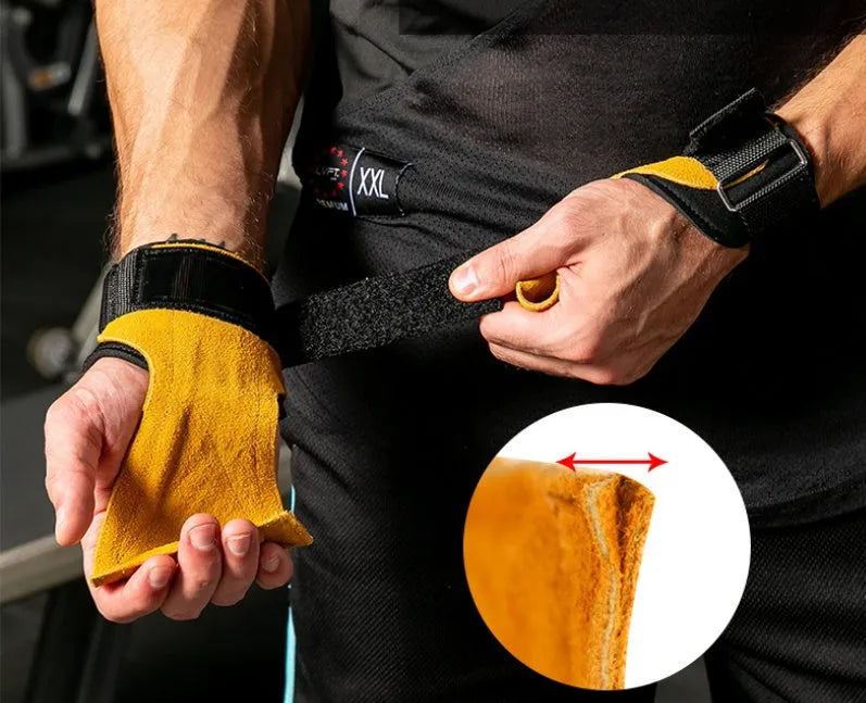 SKDK cowhide hand grips in yellow for gymnastics and weight lifting with anti-skid surface