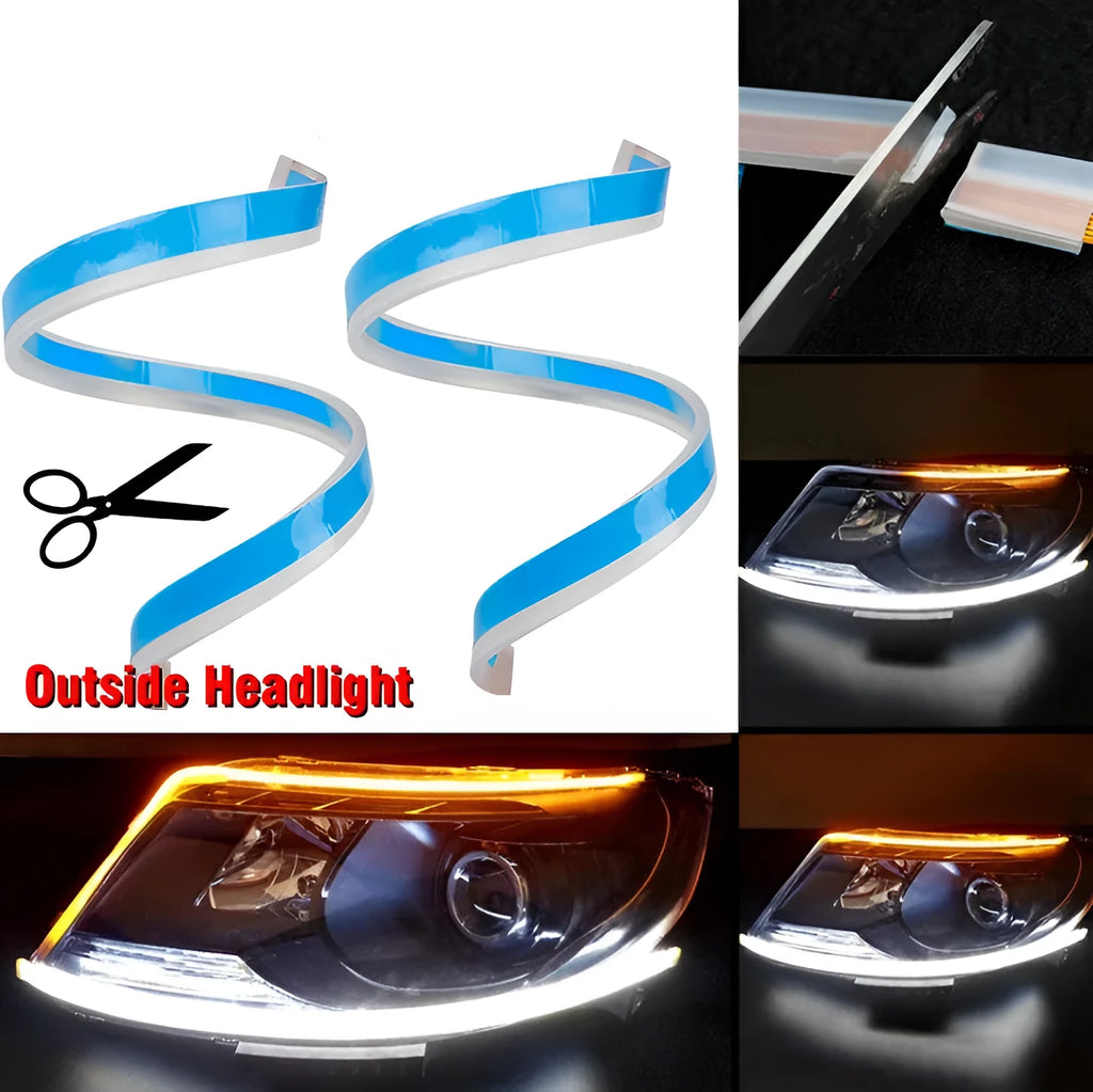 60cm ultra-thin car LED tear light guide strip in white yellow two-colour mode on a dark background