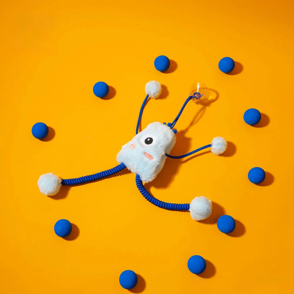 Blue telescopic elastic rope cat toy with plush and bell attachments on a white background.