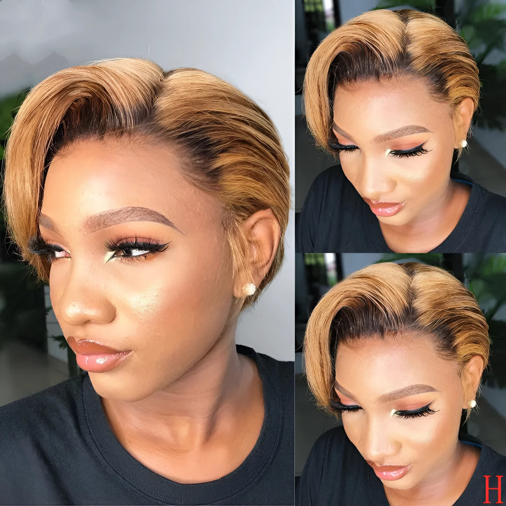 Side-mixed blonde short straight wig in high temperature silk fibre, approximately 35cm long