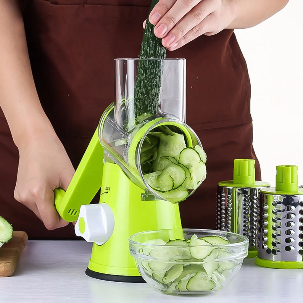Round vegetable cutter with 3 stainless steel drum blades, compact detachable mandoline slicer with bottom sucker