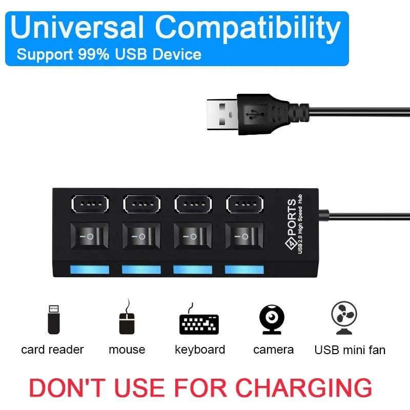USB 2.0 HUB hub 4-port switch for notebook computer mouse keyboard in black