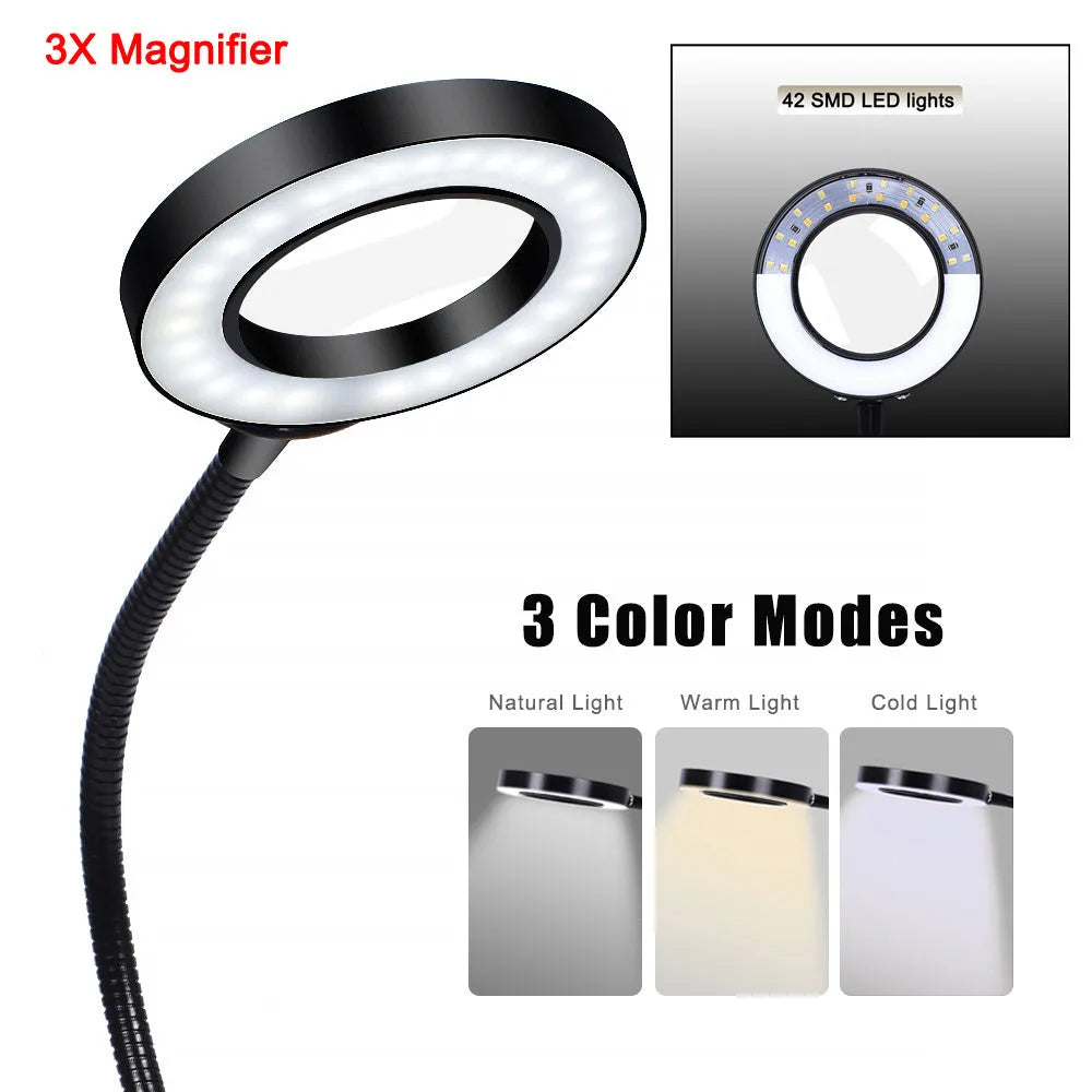 Soldering station LED magnifying glass lamp with 60mm lens, 42 SMD LEDs, aluminium base and gimbal tubes.
