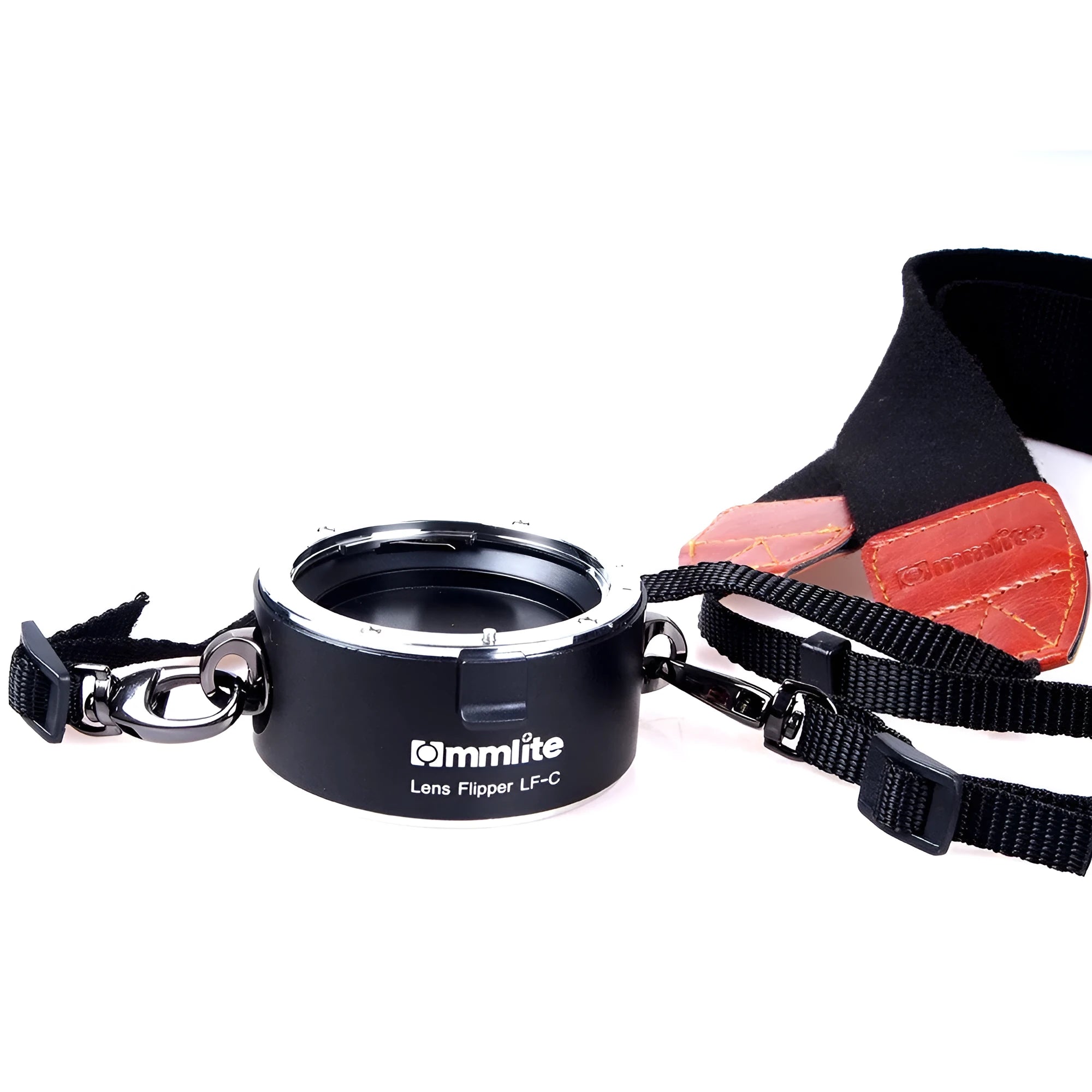 Aluminum alloy dual camera lens flipper holder with cotton strap for Canon, Nikon, and Sony cameras.