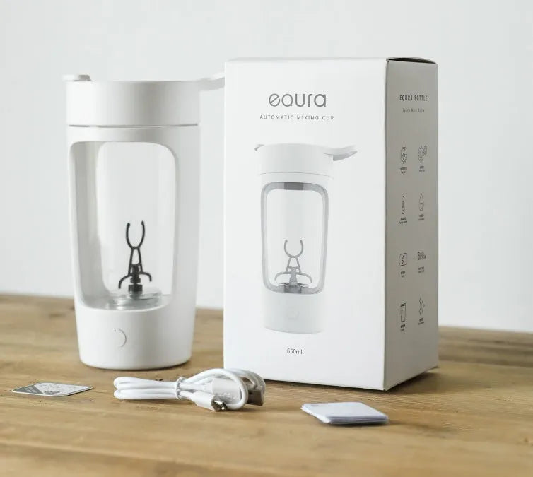Portable battery-powered juice blender with 650ml mixing cup in black, blue, pink, or white colour.