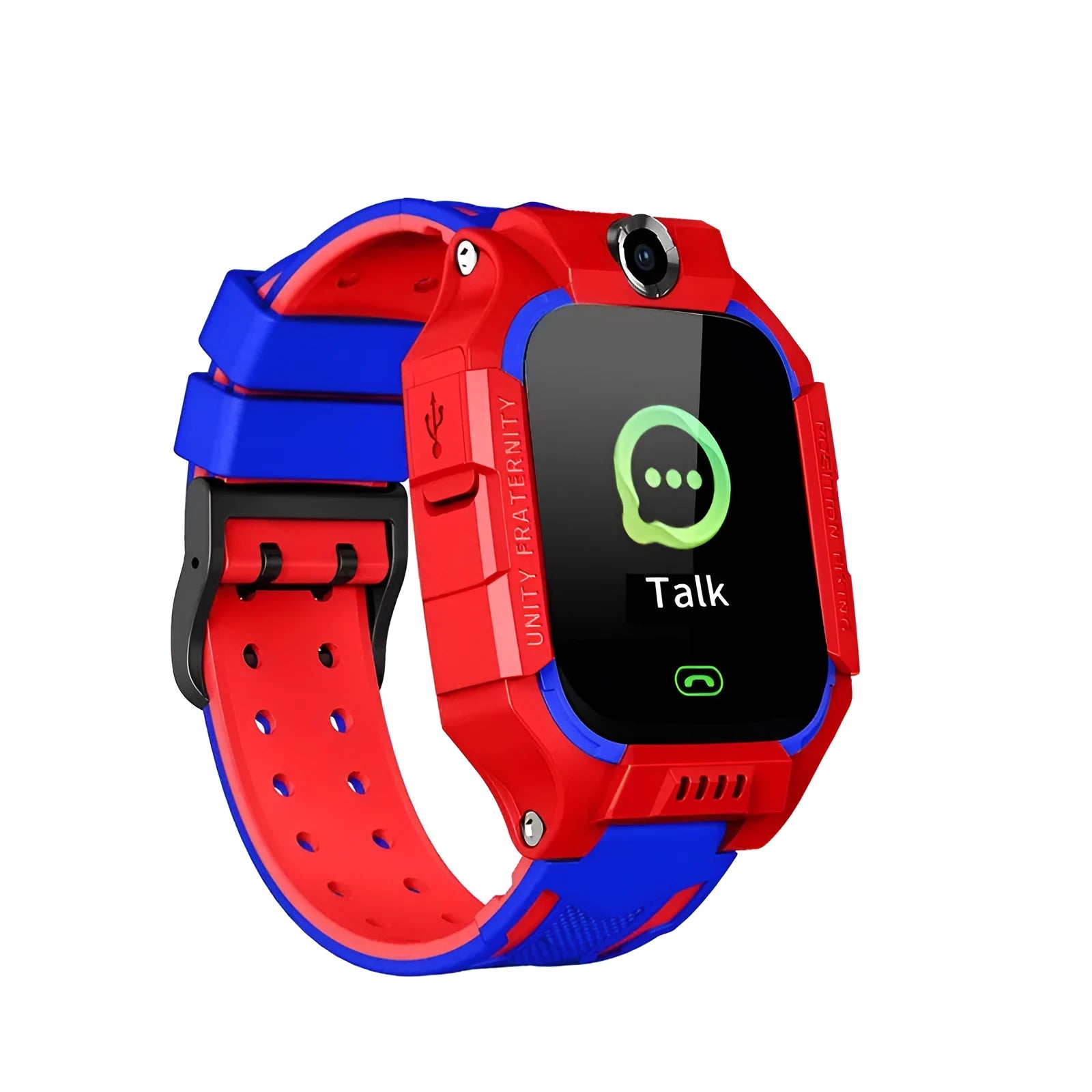 Children's smart watch with dual cameras, SOS button, and touch screen on a child's wrist
