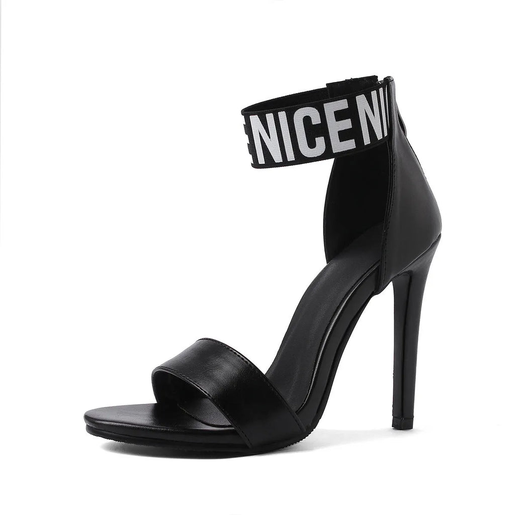 High heel stiletto sandals with open toe, colour-matching straps, buckle fastening and 6-8cm fine heel.