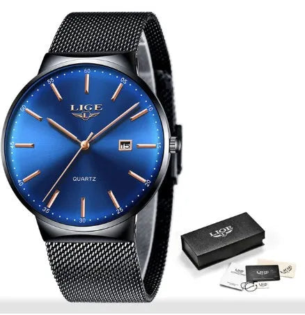 Men's stainless steel watch with 40mm dial in black, blue, and black blue colour options