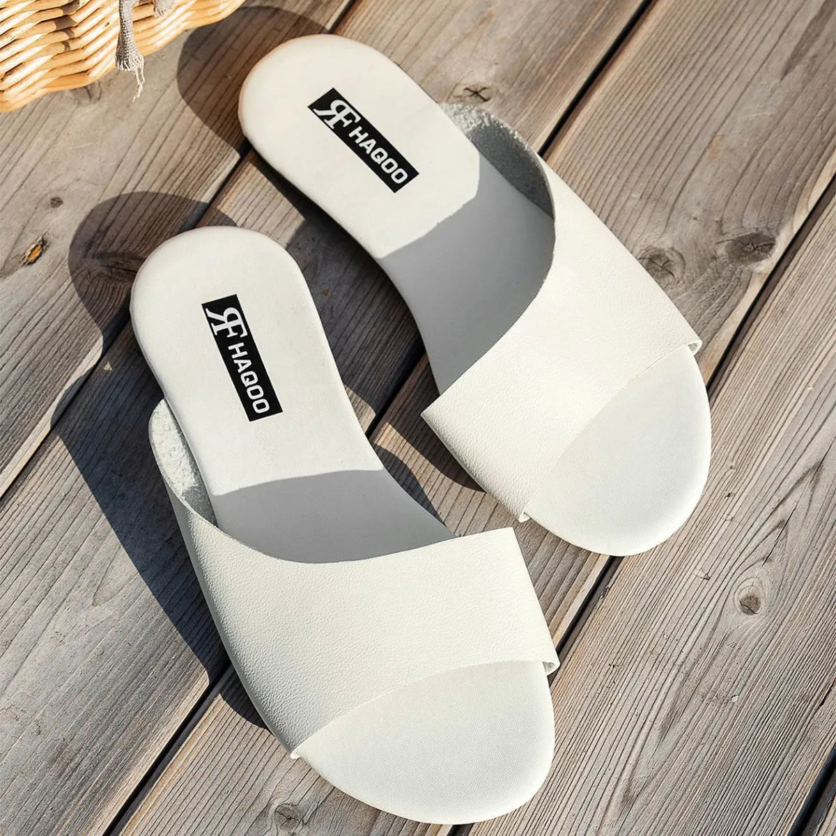 Women's fish mouth flat slides slippers in black with artificial PU sole, side view