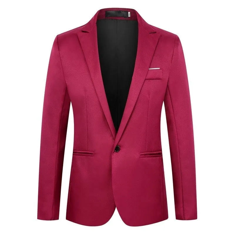 Men's loose-fit wedding tuxedo jacket in acetate fibre, available in multiple colours including black, white, and wine red