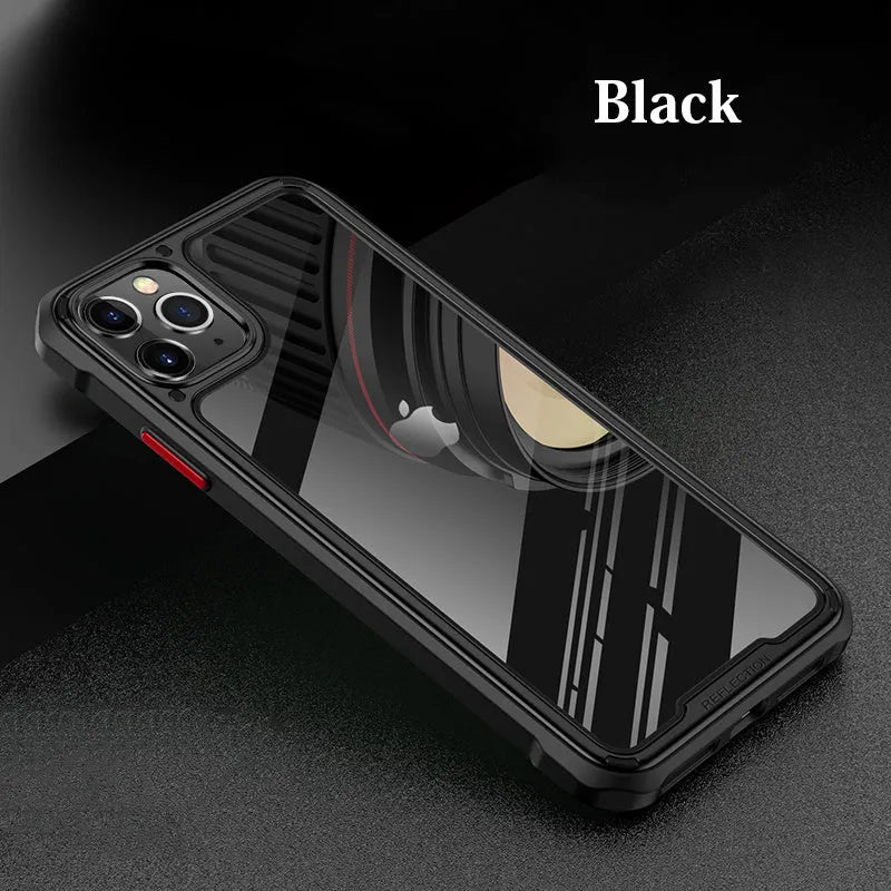 Transparent silicone mobile phone case for iPhone 11 on a table, showing back cover design.