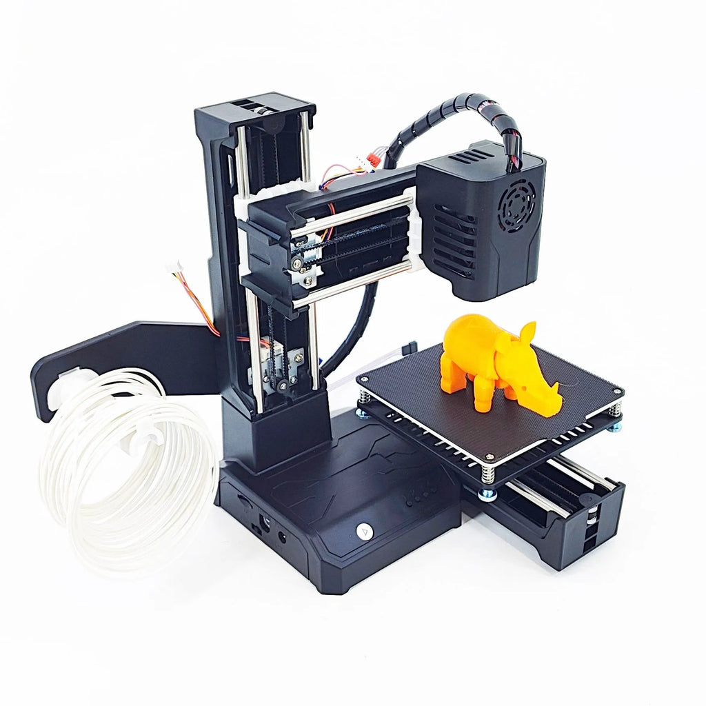 K9 Mini 3D printer with 100x100mm build volume for PLA filament printing in black or blue colour options