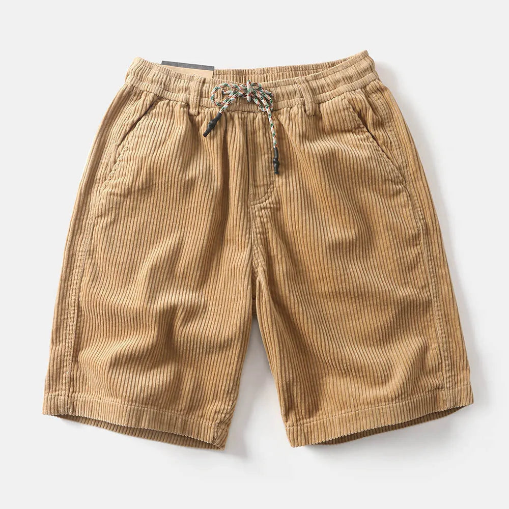Men's khaki retro cargo shorts with straight leg fit on a white background