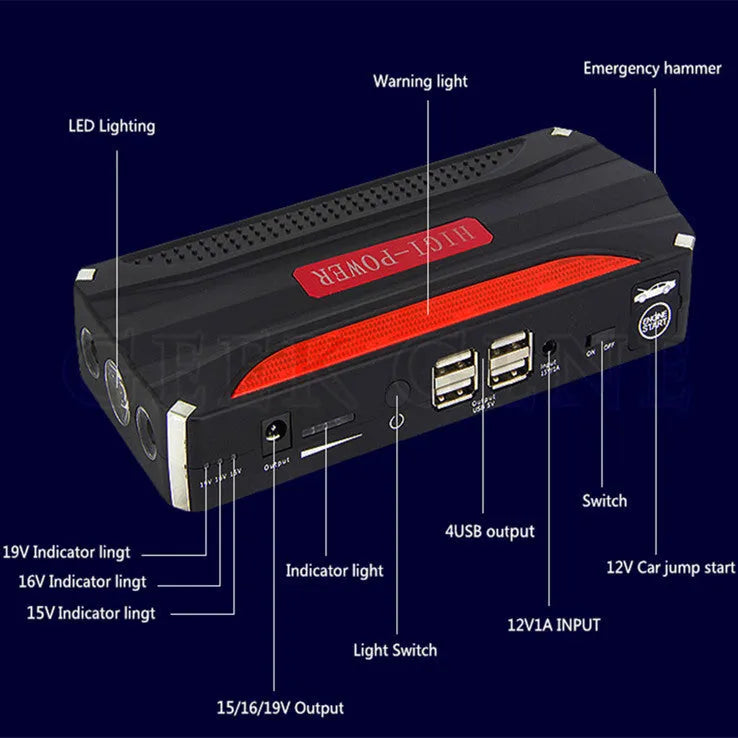 12V car jump starter 300A 600A peak with battery clamps, chargers, laptop connectors and retail tool case