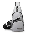 Men's USB charging chest bag Oxford cloth outdoor shoulder bag in gray with front zip pocket and chrome hardware