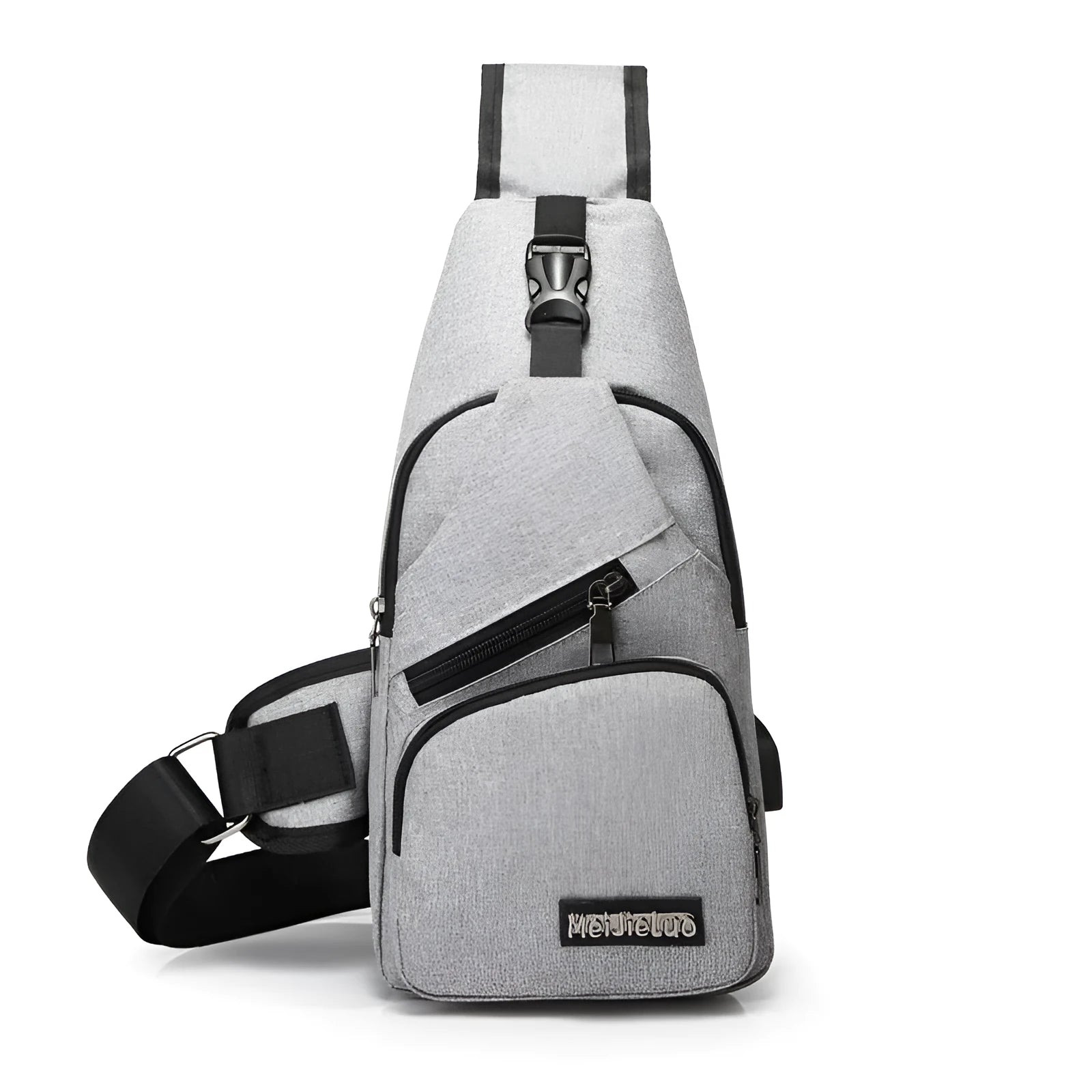 Men's USB charging chest bag Oxford cloth outdoor shoulder bag in gray with front zip pocket and chrome hardware