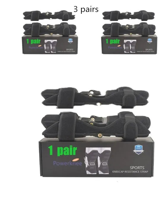 Black adjustable knee brace with patella support and visible booster spring mechanism for sports.