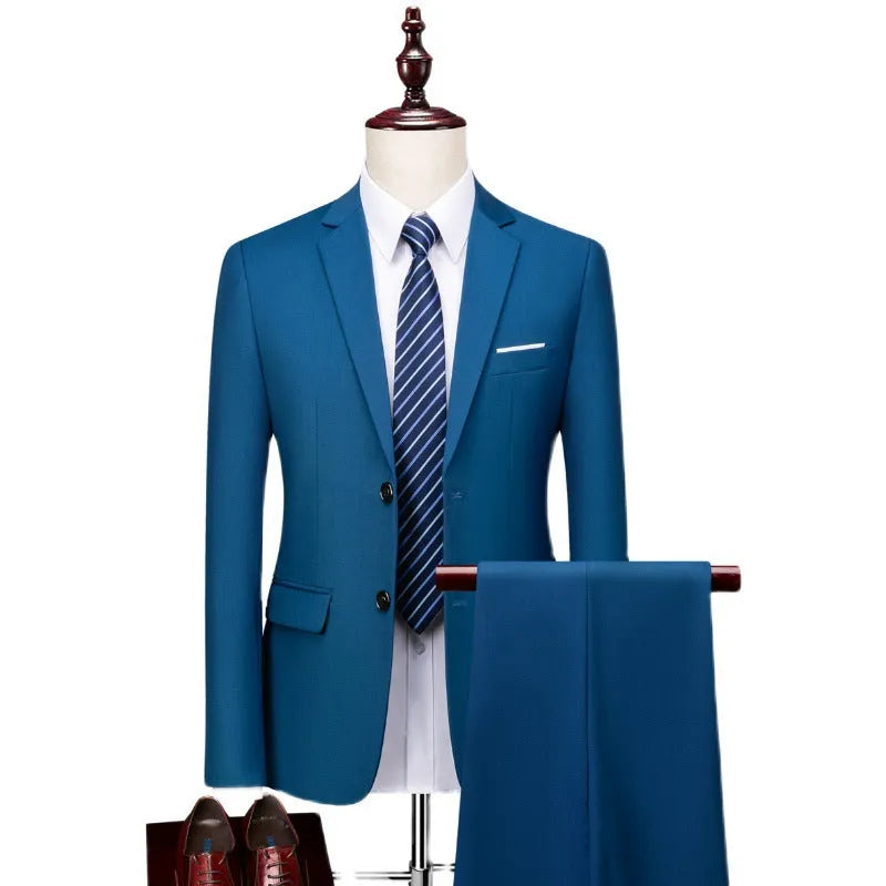 Men's business casual suit two-piece set in blazer and trousers, polyester fabric, loose fit, available in multiple colours