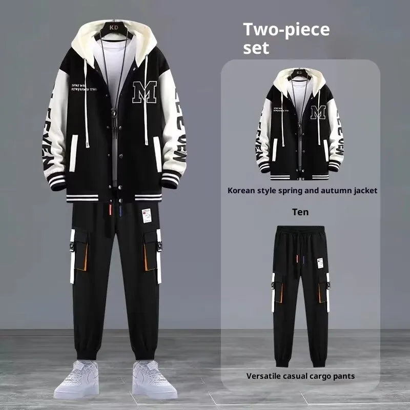 Youth hooded sweater jacket sports suit in black with matching trousers, polyester blend, size S to 3XL