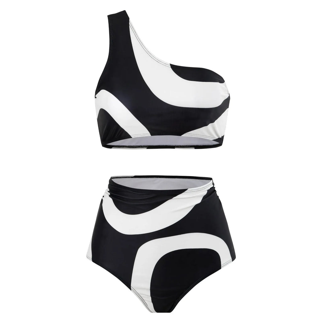 Black one-shoulder two-piece swimsuit with briefs and wrap skirt, sizes S-XL, nylon fabric.