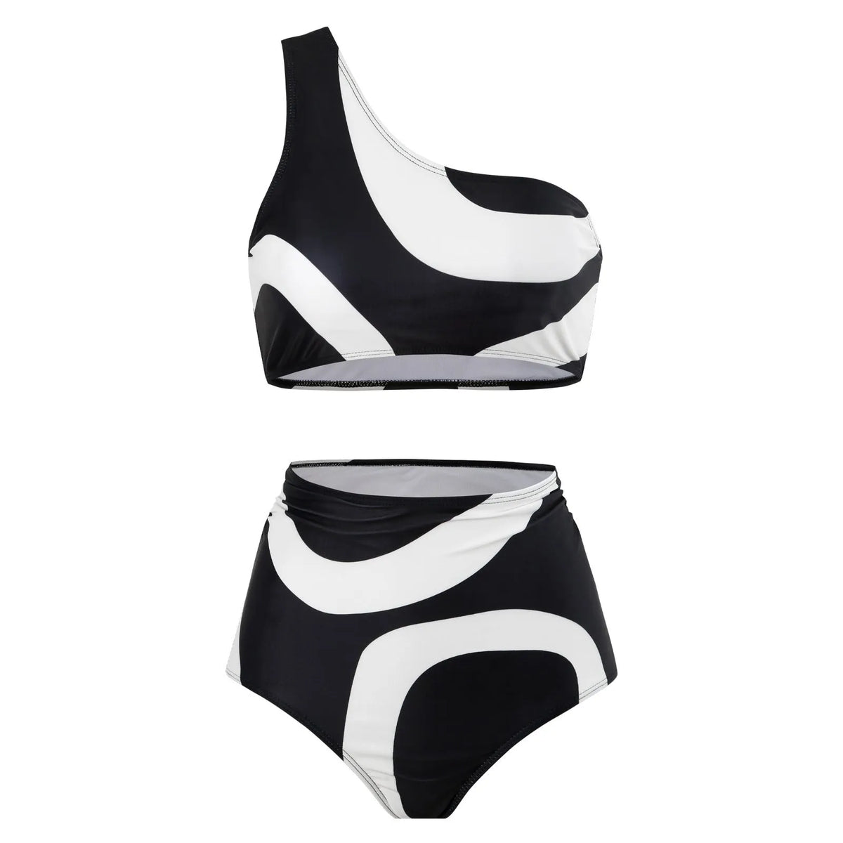 Black one-shoulder two-piece swimsuit with briefs and wrap skirt, sizes S-XL, nylon fabric.