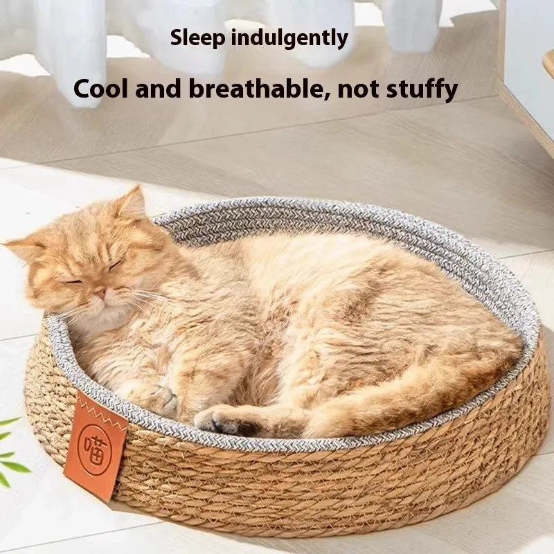 A woven rattan cat nest or pet bed shown in one of the four available sizes.