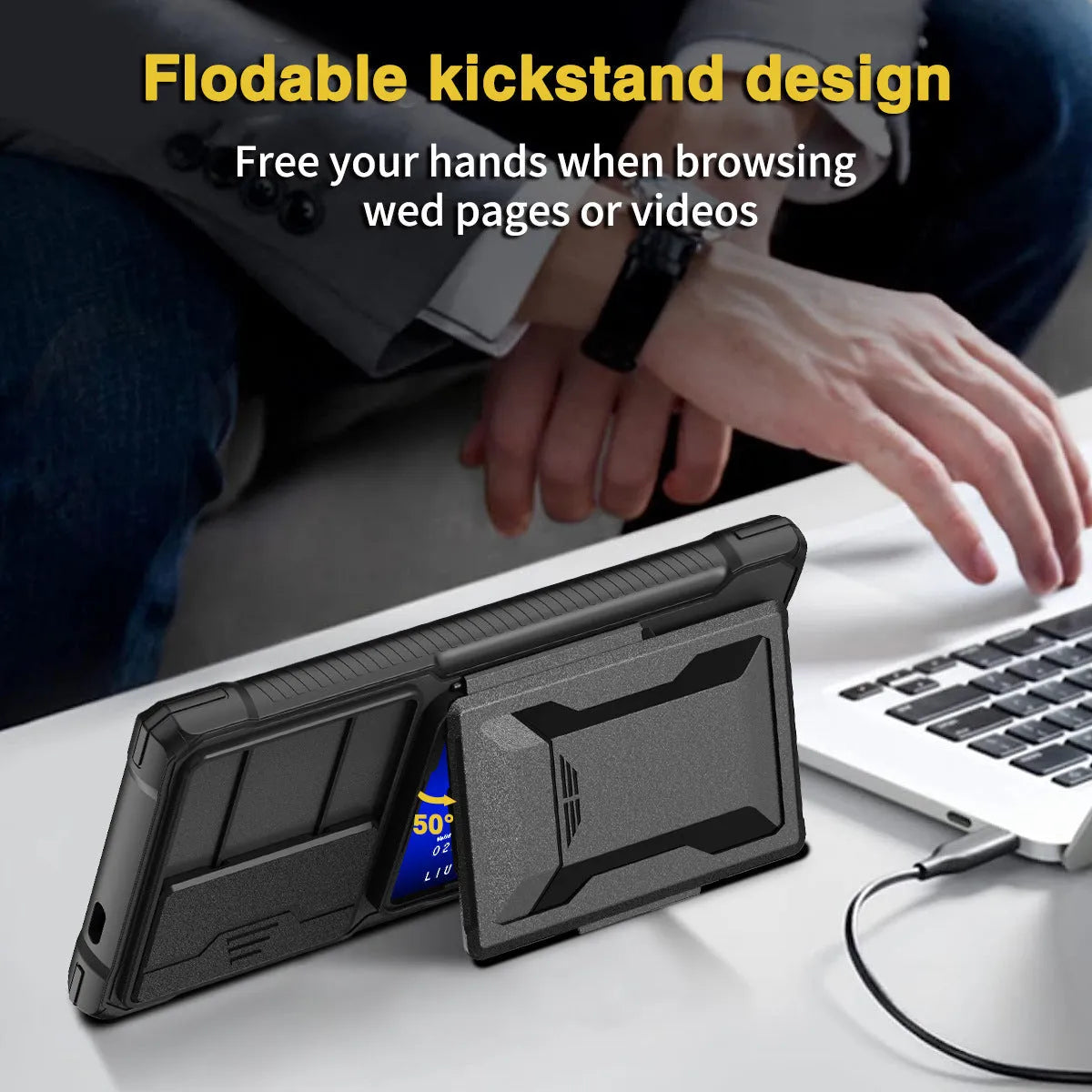Black S24 Ultra phone case with card holder and sliding bracket