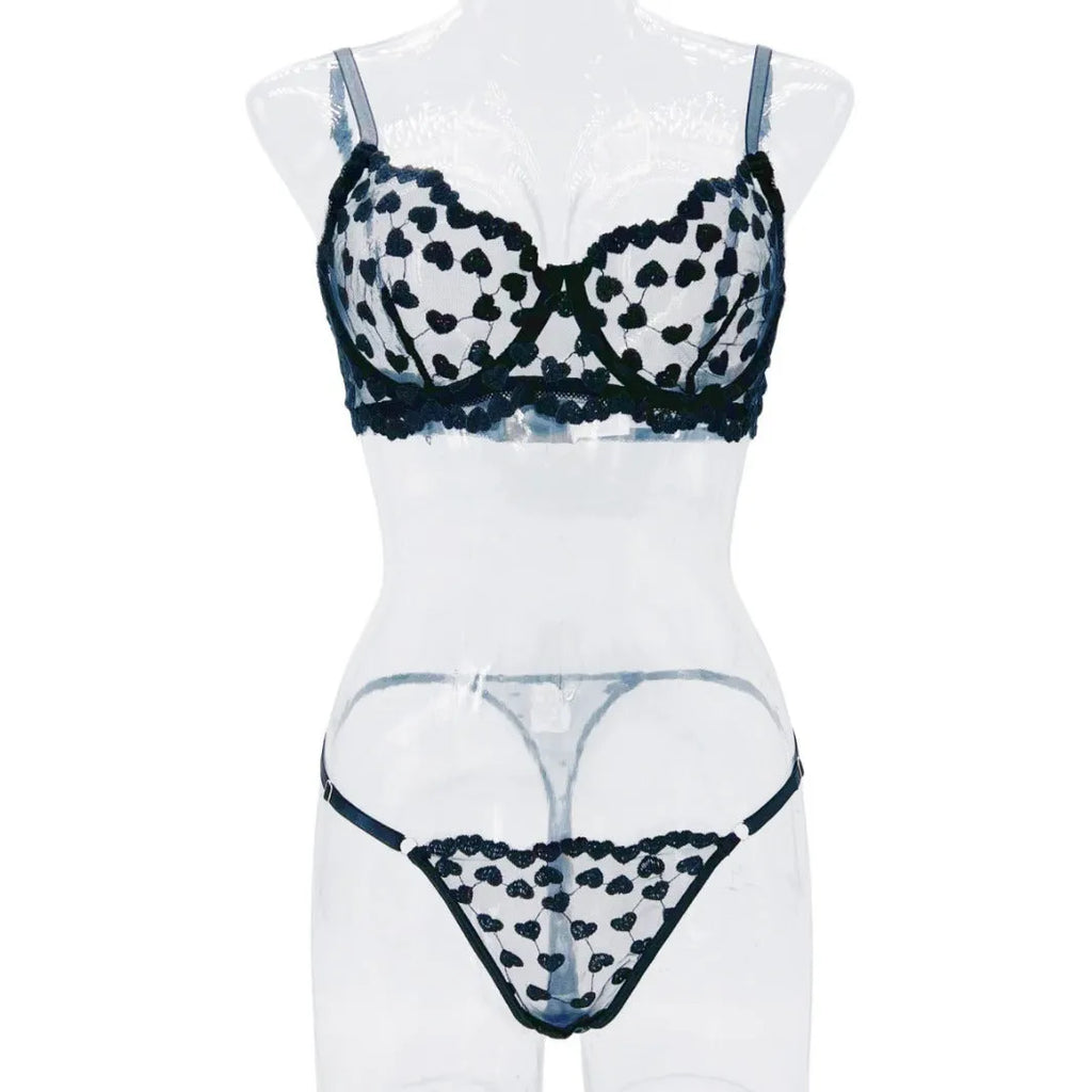 Women's black mesh two-piece suit set with top and trousers for special occasions.