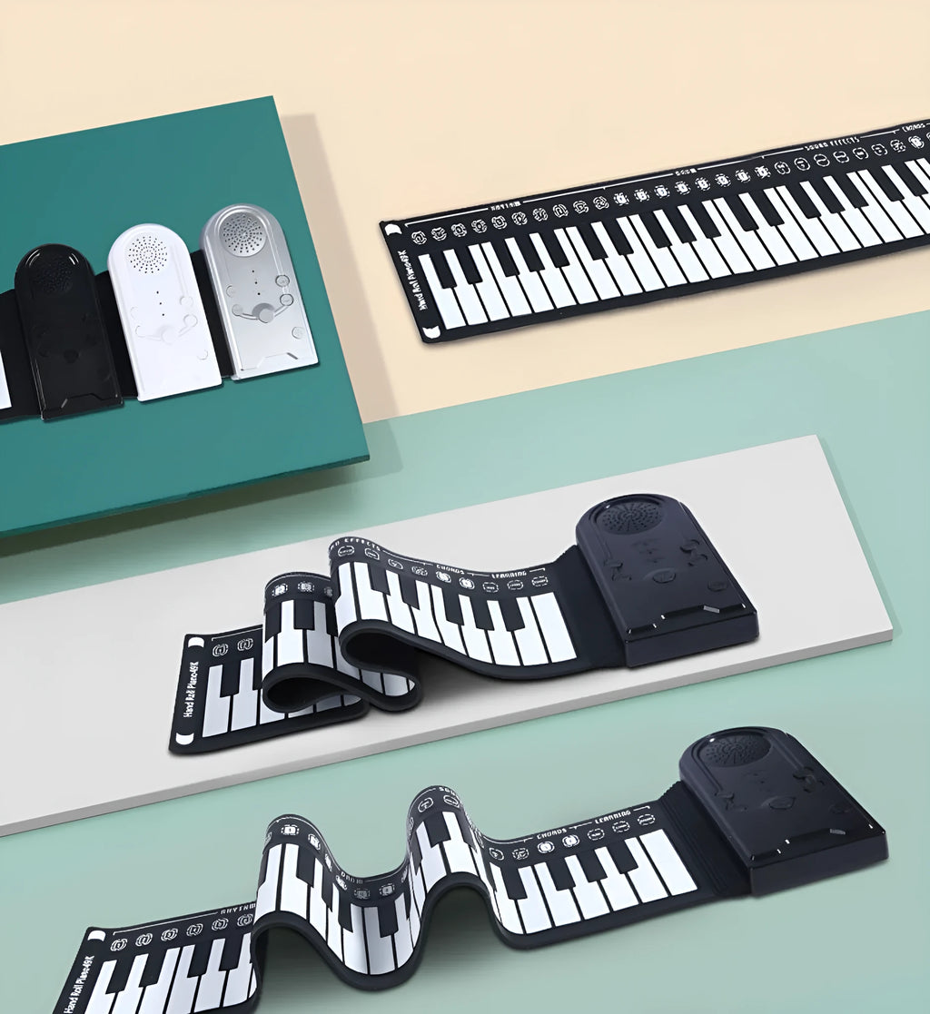 Pearlescent white folding electronic keyboard with 49 silicone keys, shown rolled and unrolled.