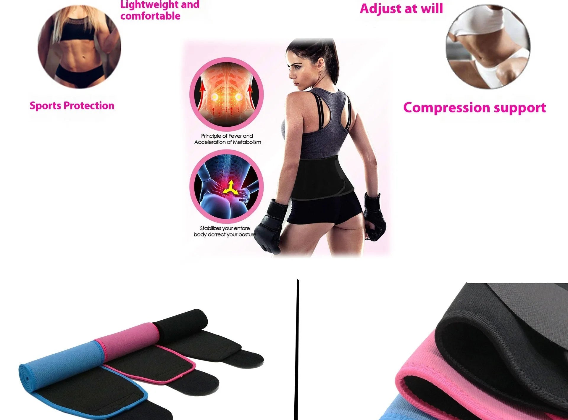Neoprene lumbar support fitness belt in black, shown on a waist.