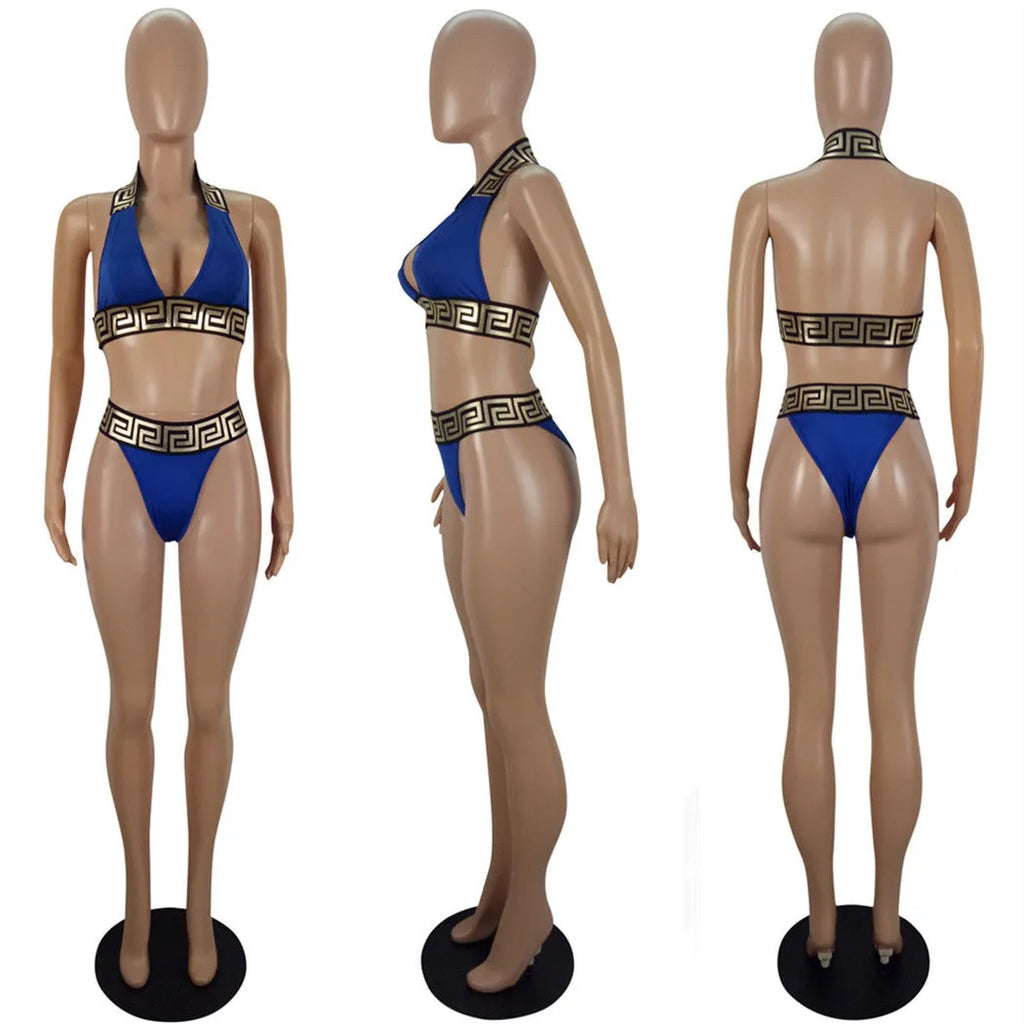 Printed bikini two piece swimsuit in polyester with no chest pad, available in five colours, Asian sizing S-XL
