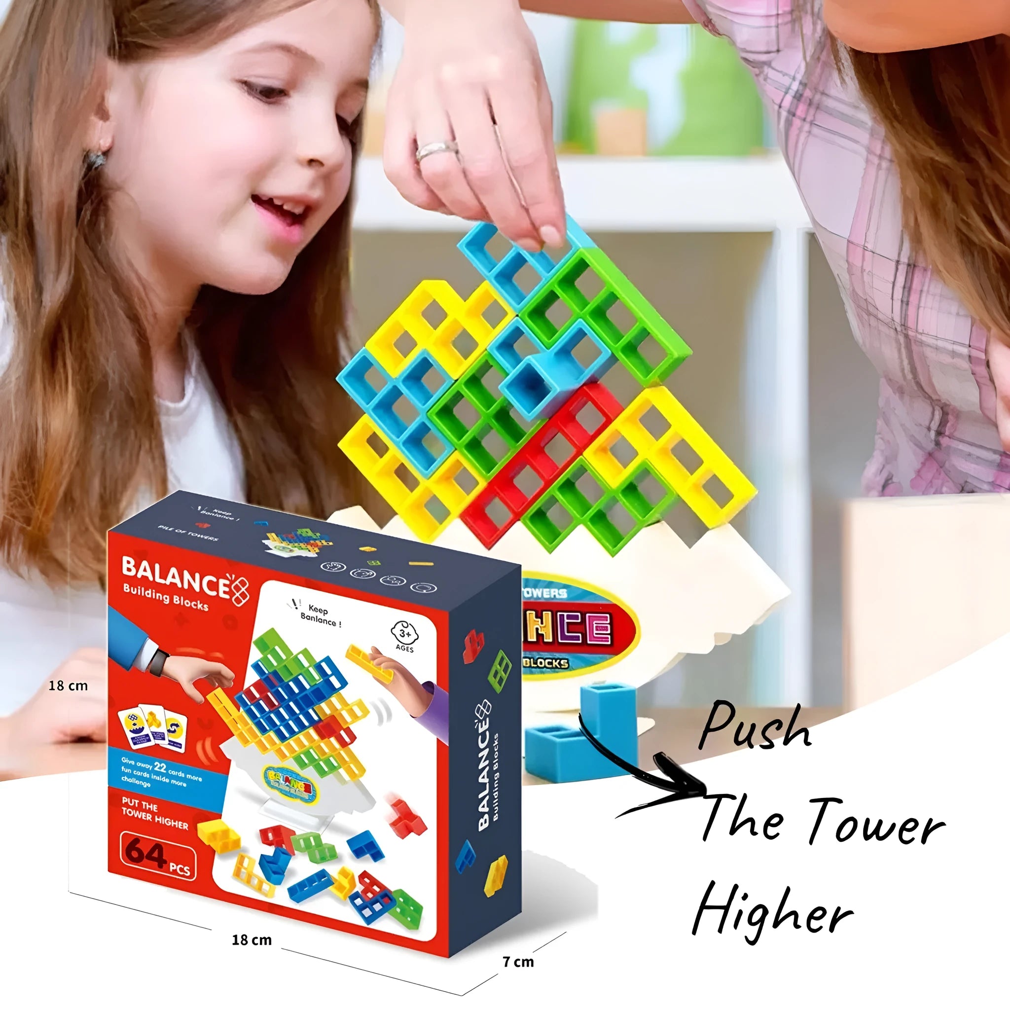 Plastic balance stacking game with coloured blocks on a tilting base, packed in a 26.5 cm box.