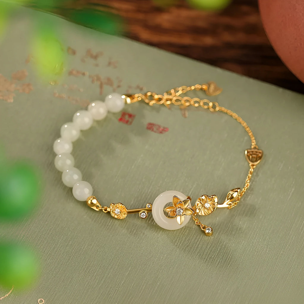 Women's 925 silver bracelet with Hetian jade lotus peace buckle in gold finish