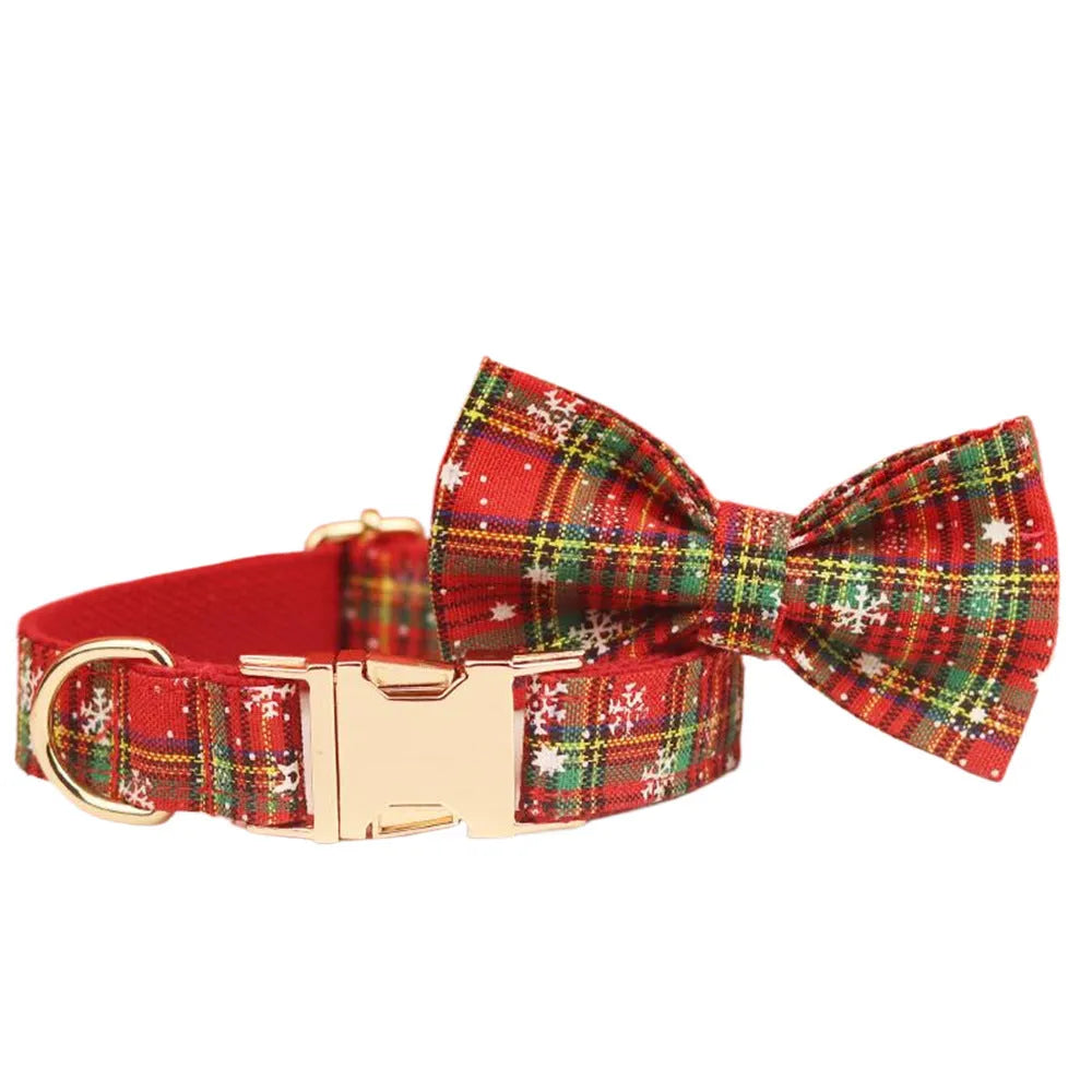 Red plaid snowflake Christmas dog collar, leash, vest and bow four-piece set