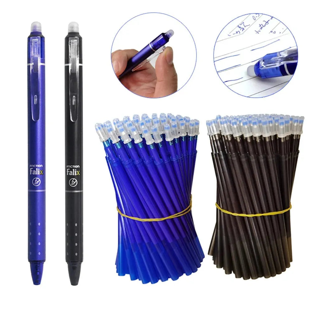 Blue and black erasable 0.5mm gel pen with plastic body and stainless steel nib for student writing