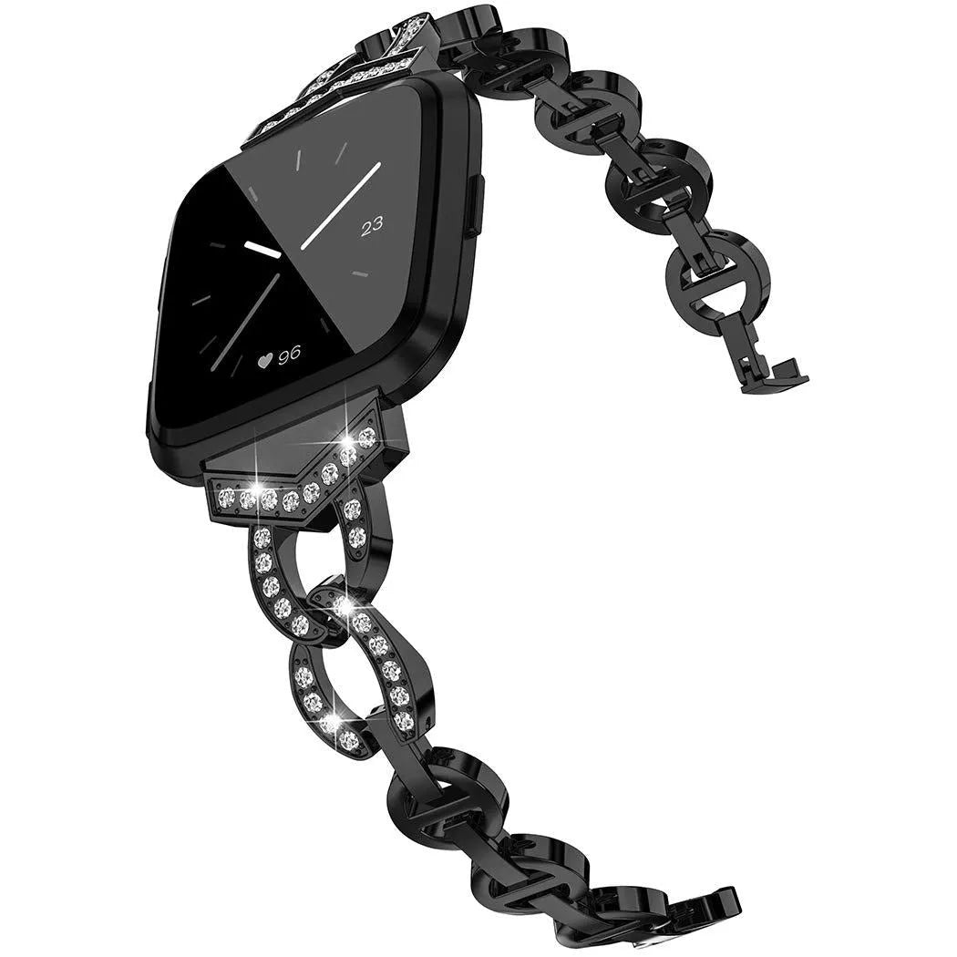 Diamond metal watch strap for Fitbit Versa in silver, black or rose gold, 178mm, tool-free adjustment