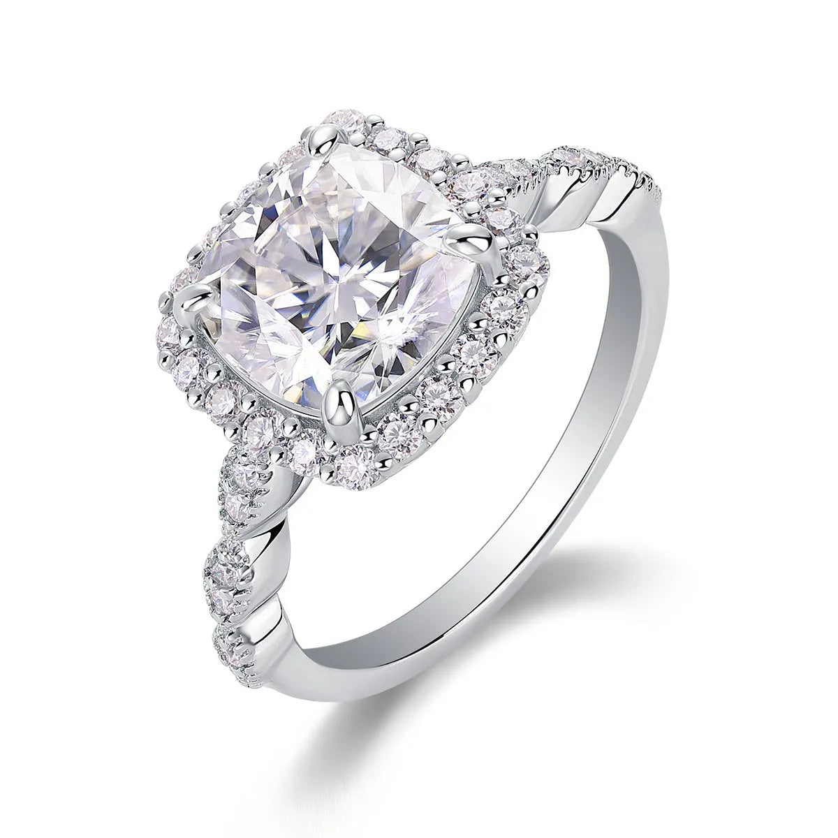 Square moissanite ring in S925 silver with platinum plating, 8.5mm stone, sizes 5 to 9, gift box and GRA certificate.