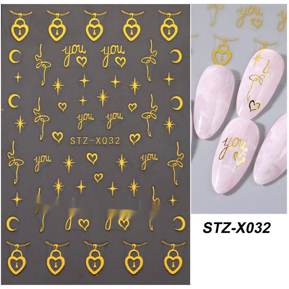 Cartoon-themed nail art sticker sheet with black and silver strip patterns and love motifs