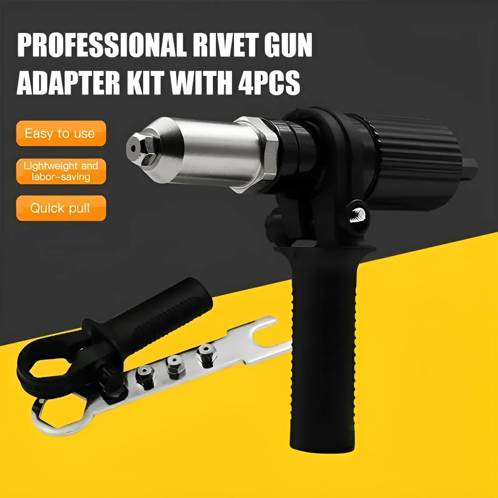 Alloy steel electric drill rivet adapter kit with four sized heads and wrench